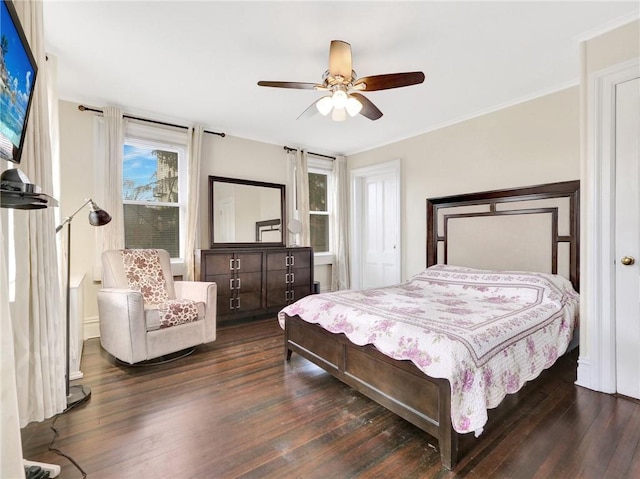 bedroom with multiple windows, ceiling fan, and dark wood-type flooring