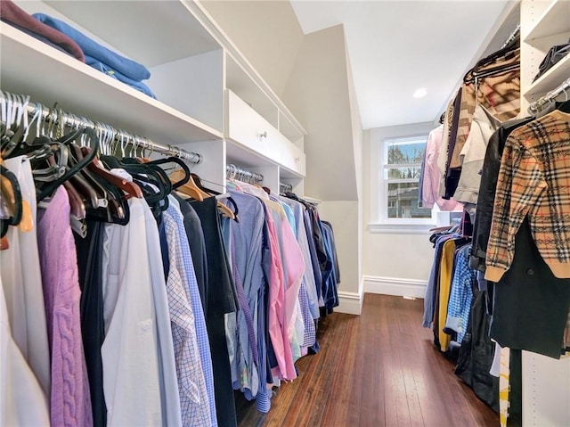 spacious closet featuring dark hardwood / wood-style floors