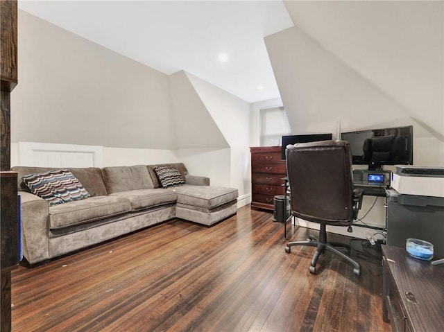 office space with dark hardwood / wood-style flooring and vaulted ceiling