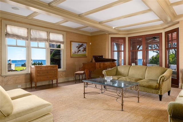 12 Island Dr, Rye, NY 10580 - living room featuring light wood-type flooring, coffered ceiling, ceiling fan, a water view, and beamed ceiling