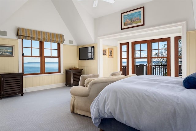 12 Island Dr, Rye, NY 10580 - bedroom featuring carpet flooring, ceiling fan, access to exterior, and high vaulted ceiling