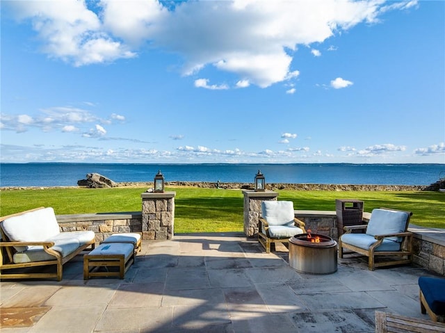 12 Island Dr, Rye, NY 10580 - view of patio with a fire pit and a water view