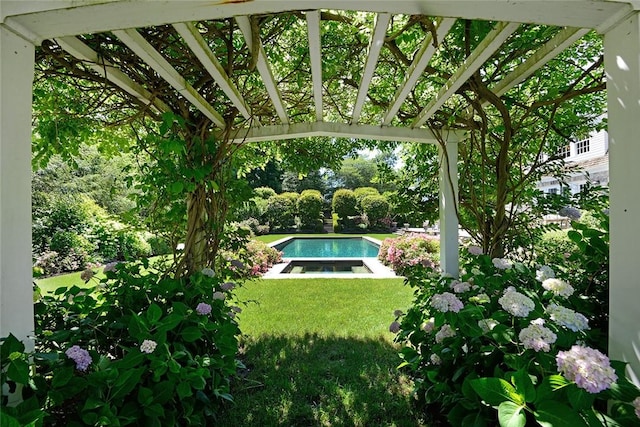 view of swimming pool featuring a lawn