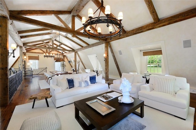 living room featuring hardwood / wood-style flooring, vaulted ceiling with beams, and an inviting chandelier