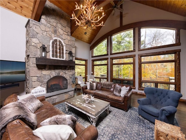 living room with a fireplace, hardwood / wood-style flooring, high vaulted ceiling, and wooden ceiling