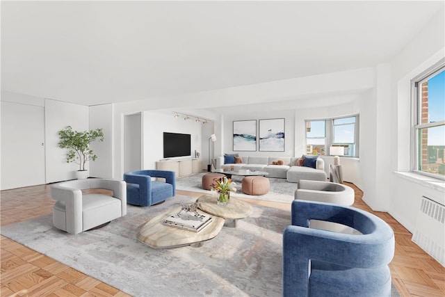 living room with radiator heating unit and parquet floors