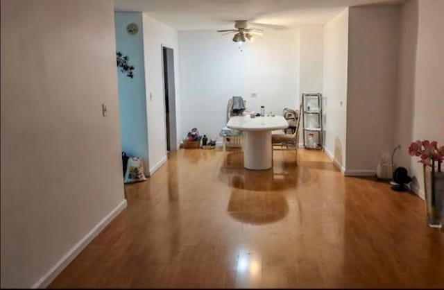 dining room with ceiling fan and light wood-type flooring