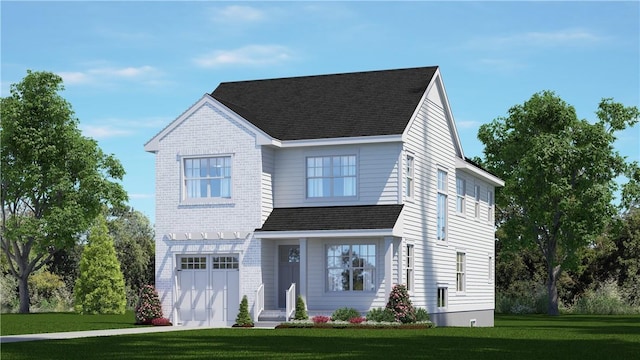 view of front facade featuring a front lawn and a garage