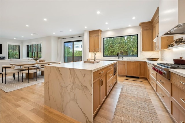 kitchen featuring decorative backsplash, appliances with stainless steel finishes, light wood-type flooring, custom exhaust hood, and a kitchen island