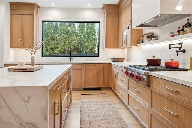 kitchen featuring premium range hood, sink, tasteful backsplash, light hardwood / wood-style floors, and stainless steel gas cooktop