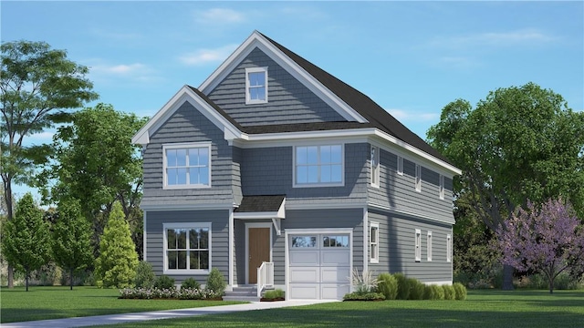 view of front of property with a front yard and a garage