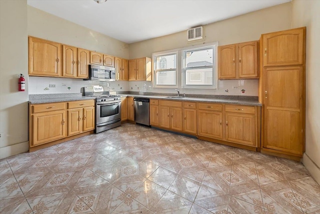 kitchen featuring tasteful backsplash, stainless steel appliances, and sink