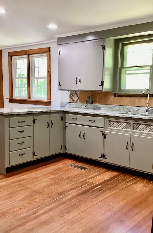 kitchen featuring a wealth of natural light, sink, and light wood-type flooring