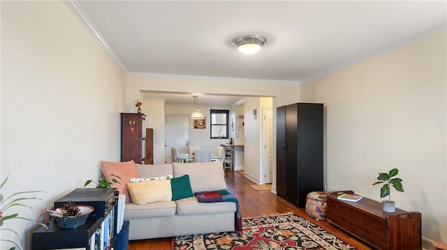 living room featuring hardwood / wood-style flooring and crown molding