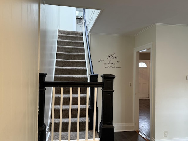 1246 Troy Ave, Brooklyn, NY 11203 - staircase with baseboards, wood finished floors, and ornamental molding