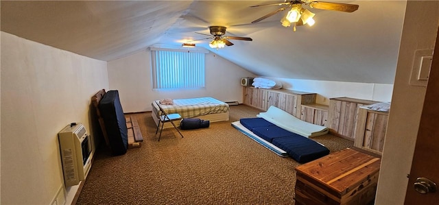 bedroom with carpet flooring, ceiling fan, lofted ceiling, and heating unit