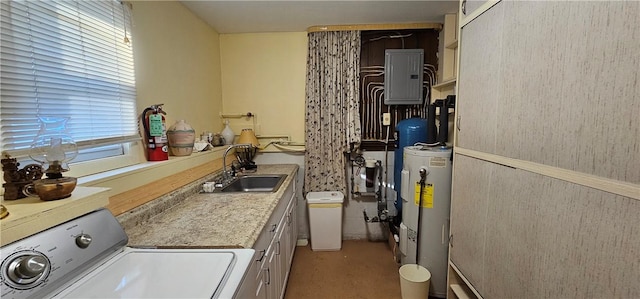 clothes washing area with washer / dryer, electric water heater, sink, and electric panel