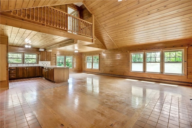 unfurnished living room with wood walls, sink, high vaulted ceiling, and wooden ceiling