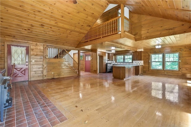 kitchen with hardwood / wood-style floors, wood ceiling, and wooden walls