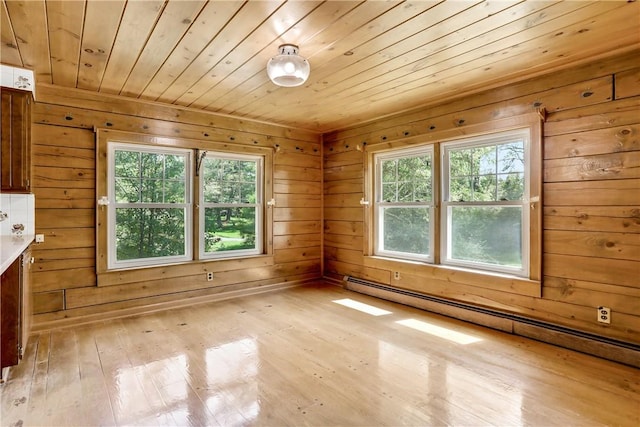 interior space featuring wooden walls, light wood-type flooring, wood ceiling, and a baseboard heating unit