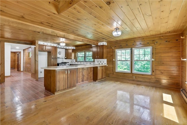 kitchen with kitchen peninsula, wood ceiling, and light hardwood / wood-style flooring