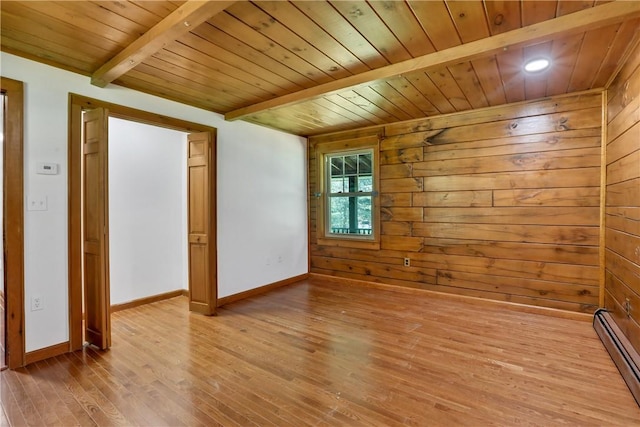 empty room with wooden ceiling, a baseboard radiator, beamed ceiling, light hardwood / wood-style floors, and wooden walls