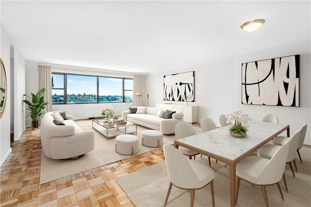 living room featuring light parquet floors