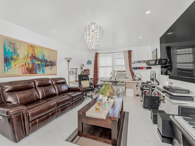 living room with cooling unit and an inviting chandelier