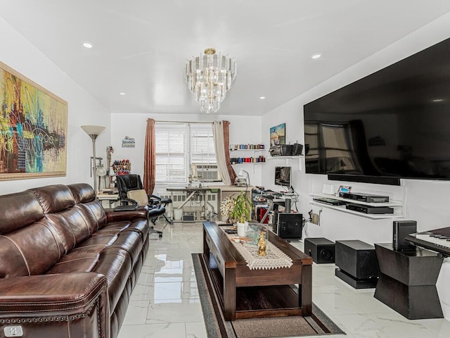 living room with cooling unit and a chandelier