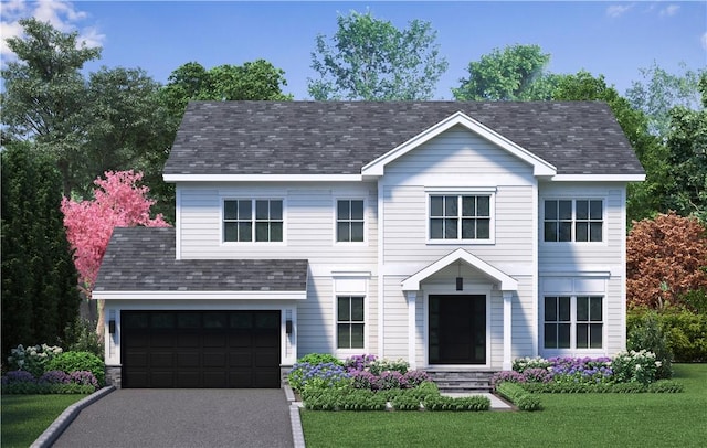 view of front facade featuring a front yard and a garage