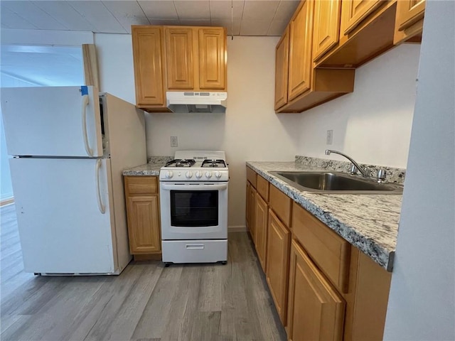 kitchen with light hardwood / wood-style floors, white appliances, and sink