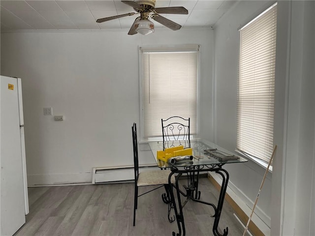 dining space featuring light hardwood / wood-style floors, ornamental molding, a wealth of natural light, and a baseboard radiator