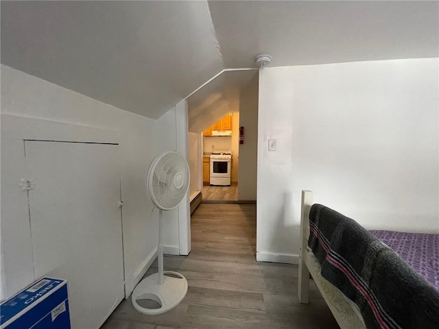 interior space with wood-type flooring, baseboard heating, and lofted ceiling