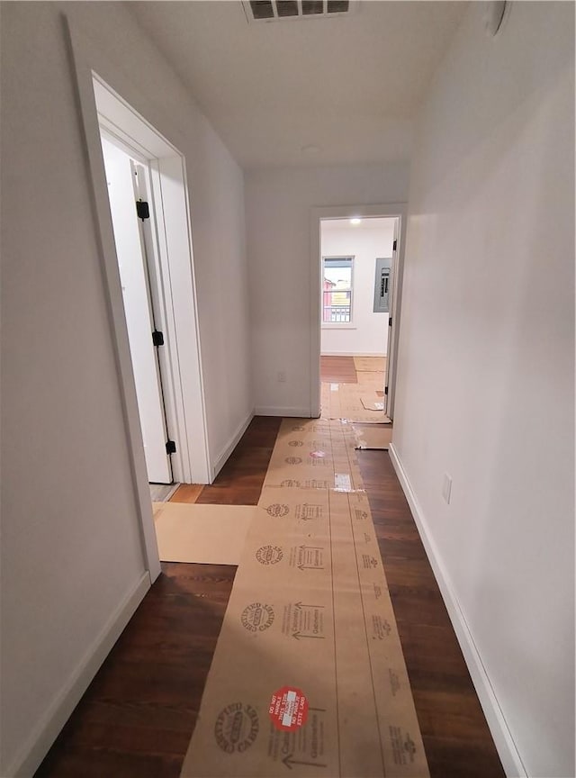 hallway with dark hardwood / wood-style floors