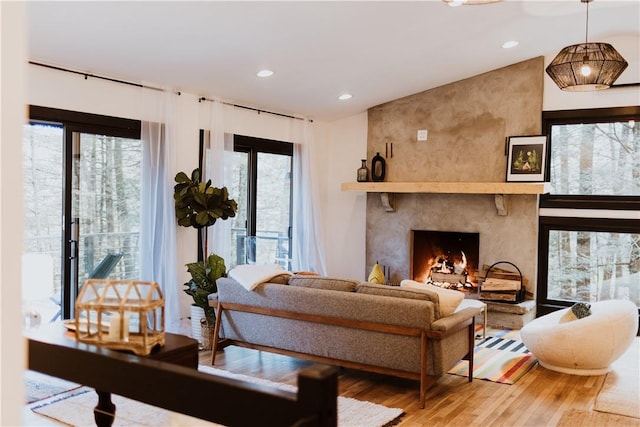 living room with a fireplace, hardwood / wood-style flooring, and a healthy amount of sunlight