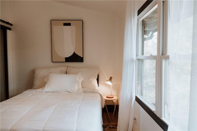 bedroom featuring multiple windows and lofted ceiling