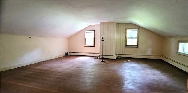 additional living space featuring dark hardwood / wood-style flooring, lofted ceiling, and a healthy amount of sunlight