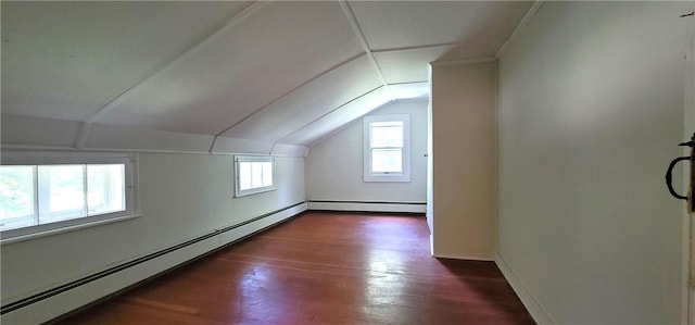 bonus room with lofted ceiling, a baseboard radiator, and dark wood-type flooring