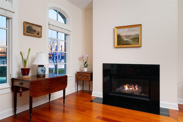 office featuring a fireplace with flush hearth, baseboards, and wood finished floors