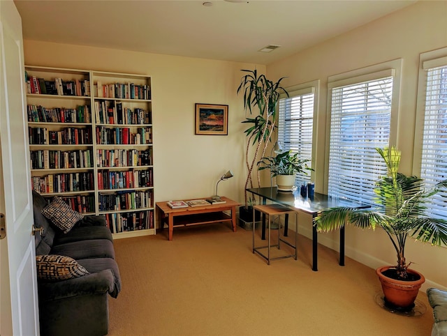 carpeted office space featuring visible vents