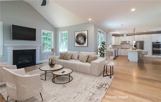 living room featuring light wood-type flooring and lofted ceiling