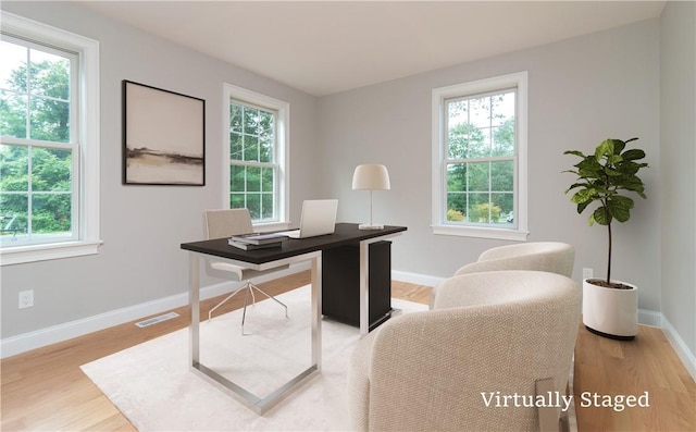 office area featuring light hardwood / wood-style floors and a healthy amount of sunlight