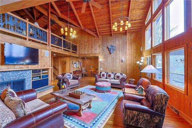 living room with beam ceiling, high vaulted ceiling, wood walls, wood-type flooring, and wood ceiling