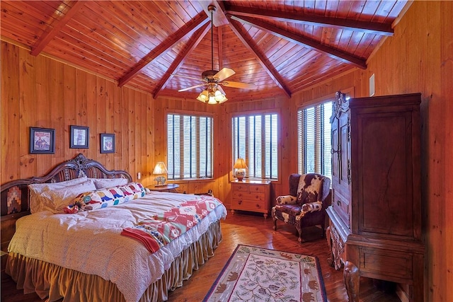 bedroom featuring hardwood / wood-style flooring, wood ceiling, and wooden walls