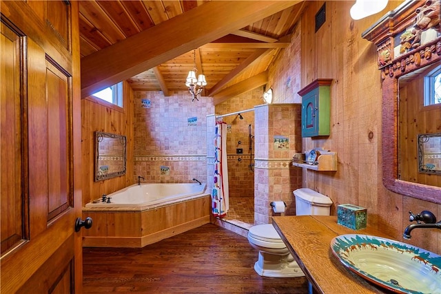 full bathroom with wood ceiling, hardwood / wood-style flooring, a chandelier, vaulted ceiling with beams, and toilet