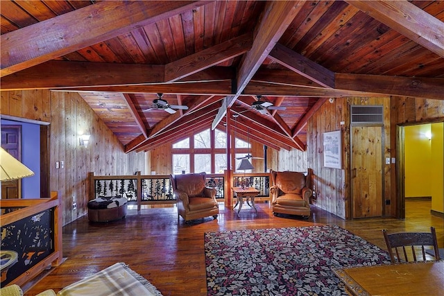 living room featuring wood-type flooring, vaulted ceiling with beams, wooden ceiling, and wood walls