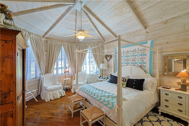 bedroom featuring vaulted ceiling with beams, ceiling fan, wood walls, and hardwood / wood-style flooring