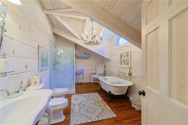 full bathroom with lofted ceiling with beams, hardwood / wood-style flooring, wood ceiling, and wood walls