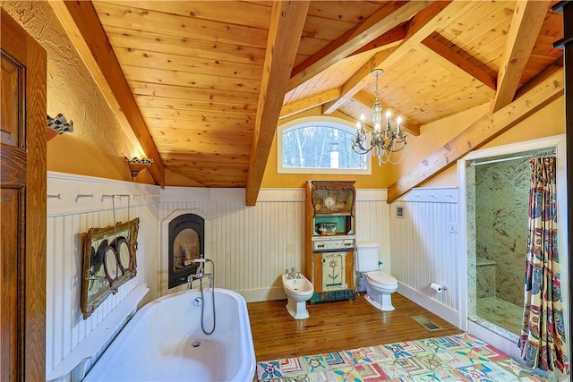 bathroom with plus walk in shower, a bidet, lofted ceiling with beams, hardwood / wood-style flooring, and toilet