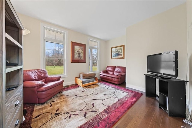 living room with dark hardwood / wood-style floors